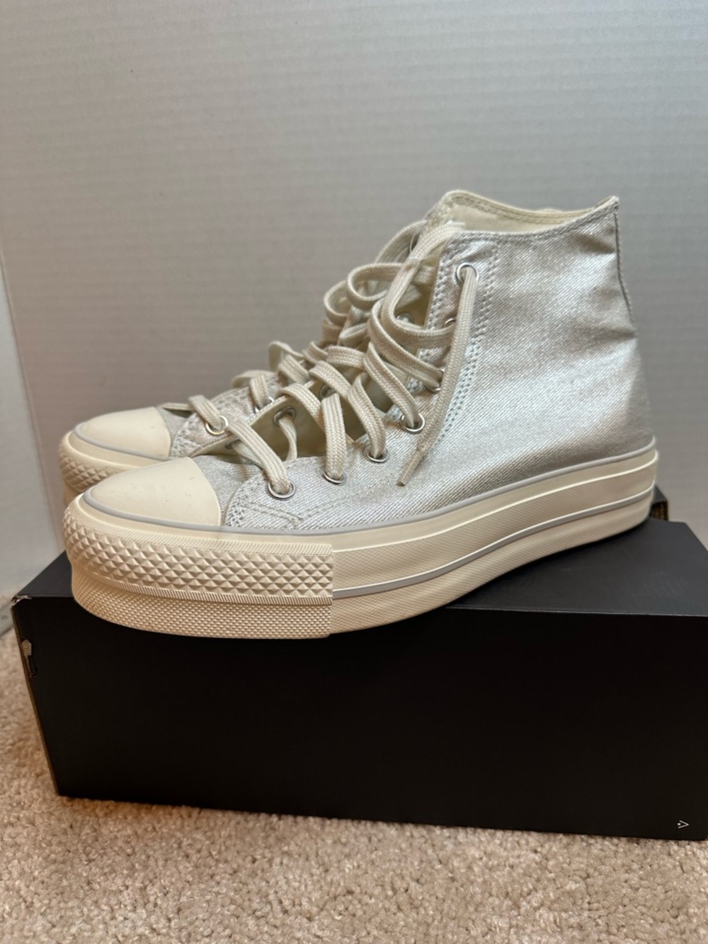 Converse High-Top Canvas Sneakers in Silver, size 9, worn once
